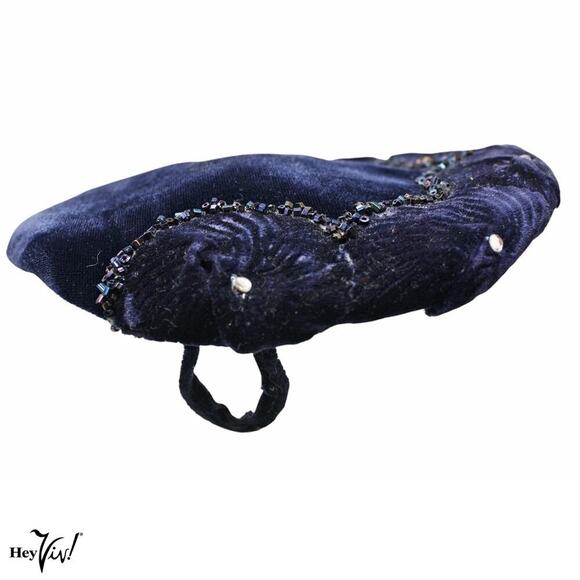 Vintage 1950s Platter Cocktail Hat Blue Velvet w Beads and Rhinestones - Hey Viv - Picture 2 of 7
